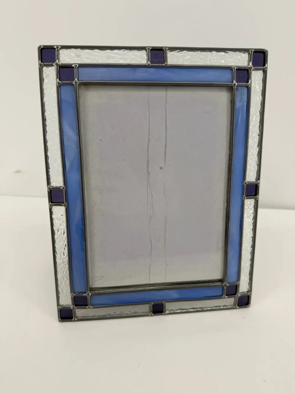 Stained Glass Picture Frame Blue Rippled Glass Easel Back Tabletop Holds 5x7